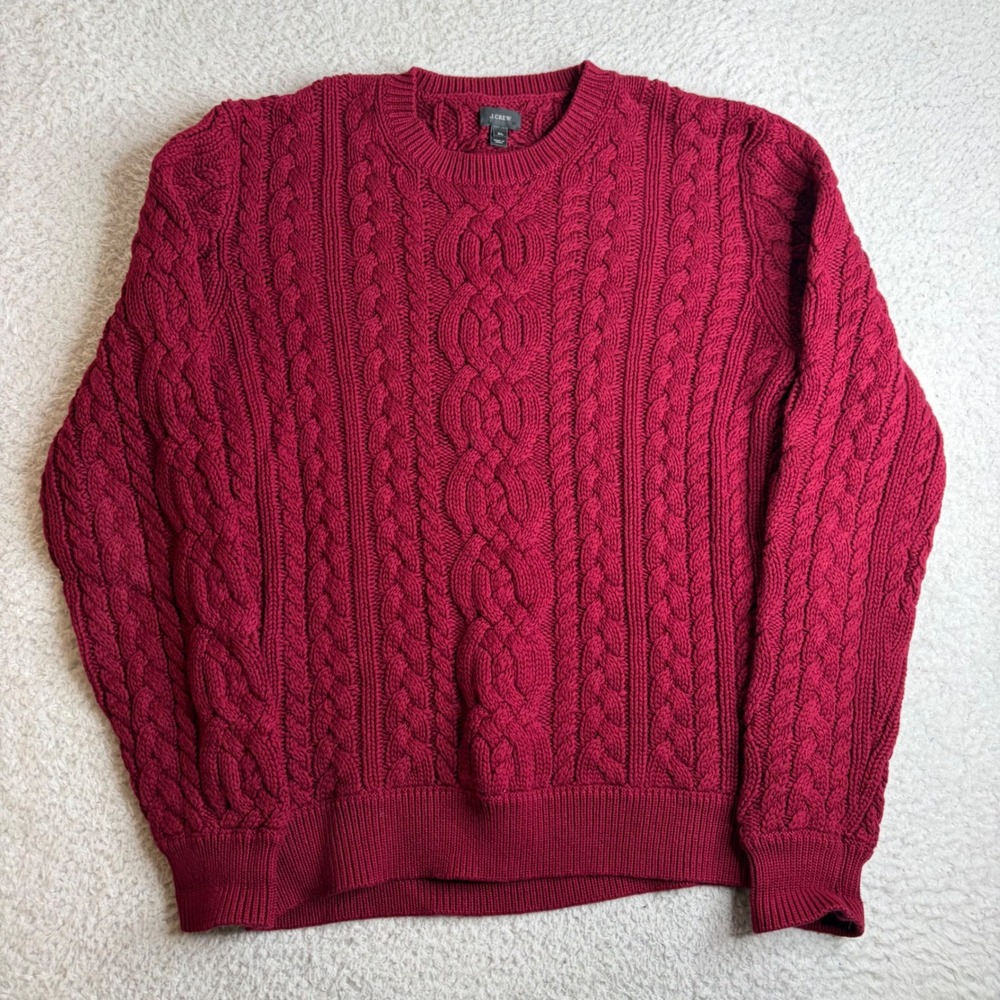J.Crew Mens XL Burgundy Red Cable Knit Cotton Chunky Sweater Fishermanm 02898